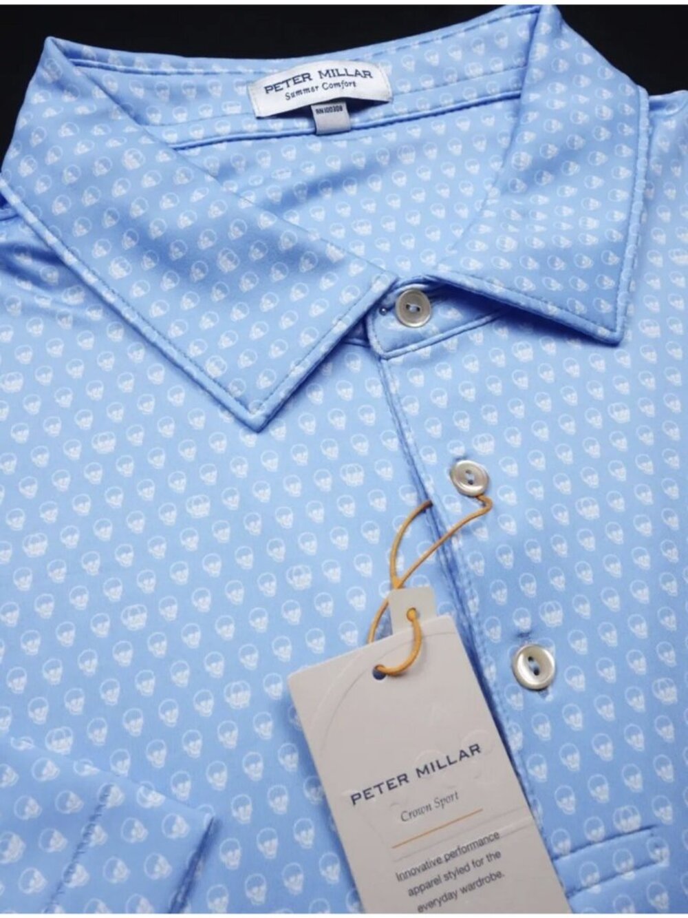 Peter Millar Mens Polo Golf Shirt Large Cottage Blue Seeing Double Skulls Print